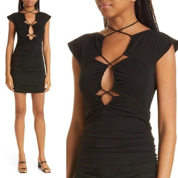 Nicole Miller Strappy Lace up Tie Cutout Ruched Mini Dress Black Small - Picture 1 of 9